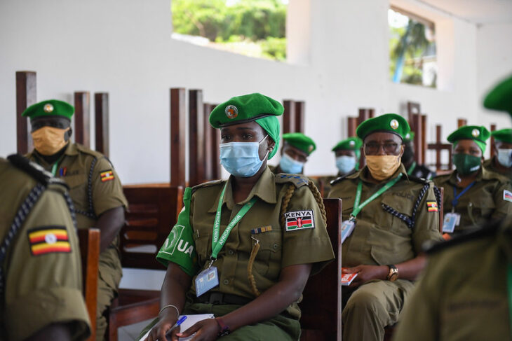 Newly deployed Individual Police Officers (IPOs), serving under the African Union Mission in Somalia (AMISOM), at the briefing in Mogadishu, Somalia on 23 July 2021.